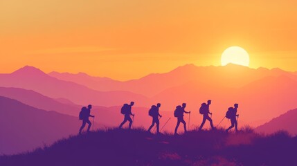 Fototapeta premium Group of young hikers with backpacks walks with backpacks and helps each other in climbing in sunset mountains