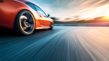 Fast orange sports car speeding on a race track at sunset.