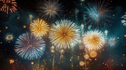 Fototapeta premium Colorful fireworks explode in night sky. Spectacular display of bright gold, colorful bursts. Celebration of holiday season festivity. Warm hues against dark sky. Modern digital art captures party