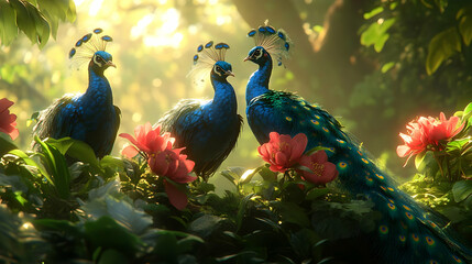 Fototapeta premium Three Peacocks in Lush Green Jungle - 3D Illustration