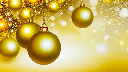 Shiny gold baubles hang against a sparkling backdrop
