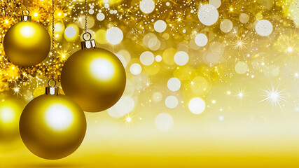 Shiny gold baubles hang against a sparkling backdrop