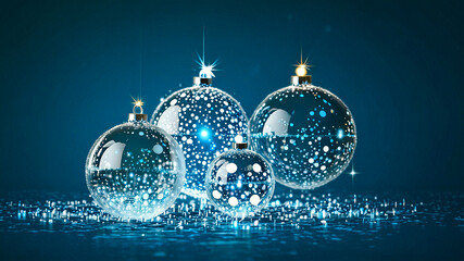 Shiny blue baubles hang against a sparkling backdrop.