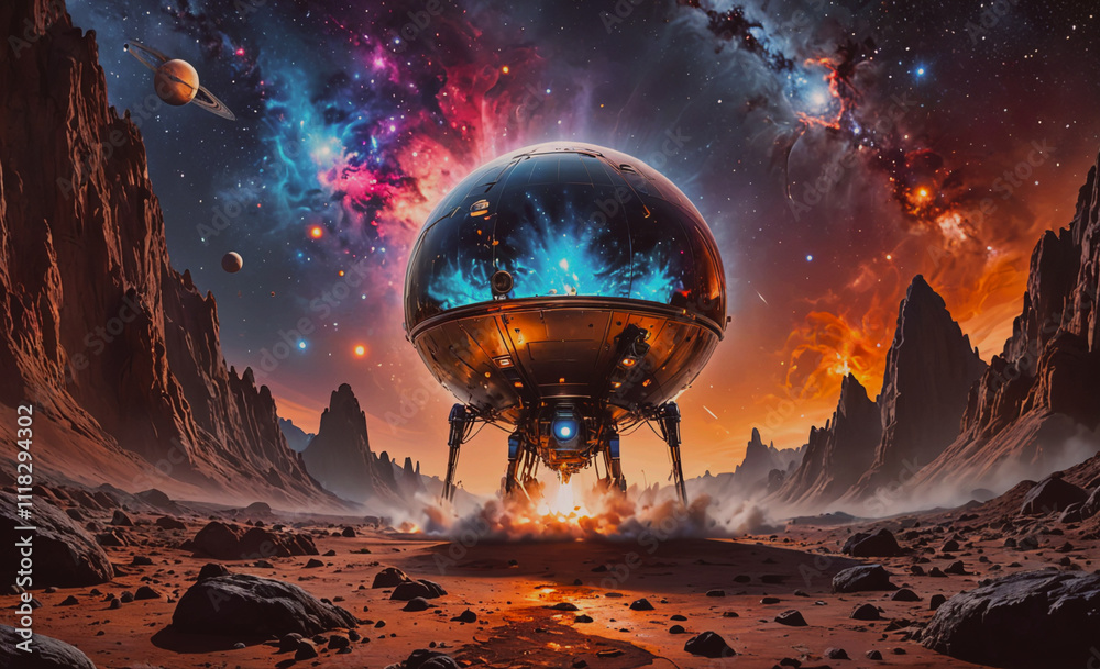 Poster a spaceship is floating in space with a large mirror on the front. the background is a colorful, roc