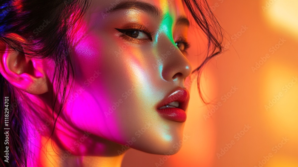 Poster a striking model poses gracefully, illuminated by colorful light patterns that dance across her feat