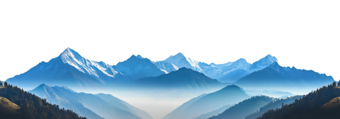 Picturesque landscape with majestic mountain peaks and isolated transparent background, png


