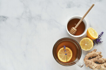 Lemon ginger tea with honey and lavender. 