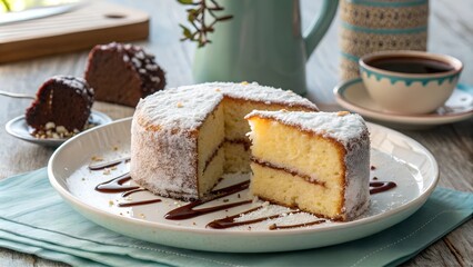 Vanilla lamingtons with chocolate drizzle and powdered sugar on a plate