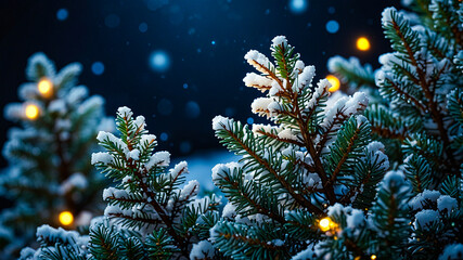 Snowy pine branches with lights, blue background