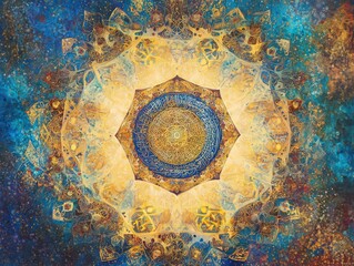 Futuristic art showcasing Allahâ€™s power and sovereignty, a divine aura enveloping the universe with intricate Islamic geometric patterns