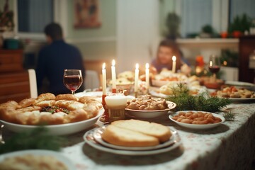 Family enjoying a candlelit dinner with abundant food.