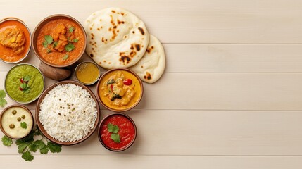 Colorful Indian meal arrangement on wooden table. Variety of dishes include rice, naan, curries. Dishes beautifully arranged. Traditional Indian food set on light wood. Healthy food choices.
