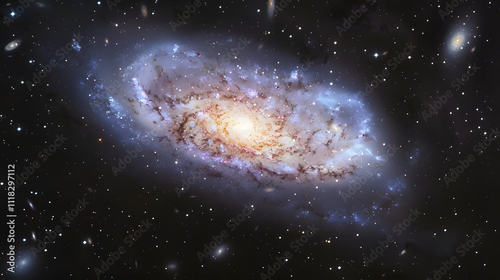 Wall mural spiral galaxy with bright core and star clusters, stunning spiral galaxy with a glowing core, surrou