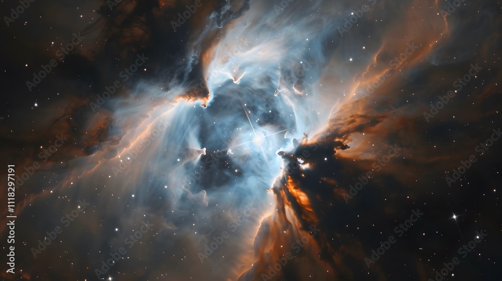 Wall mural radiant light burst in a dense nebula, cosmic scene of intense light bursting through dense gas clou