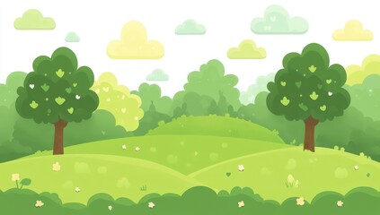 Lush Green Landscape with Trees and Gentle Hills Under Soft Clouds in a Bright and Cheerful Environment, Ideal for Nature-Themed Illustrations and Backgrounds