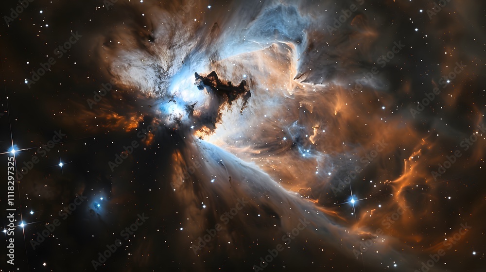 Wall mural explosive nebula formation with glowing core, active nebula with vivid blue and orange gas clouds em