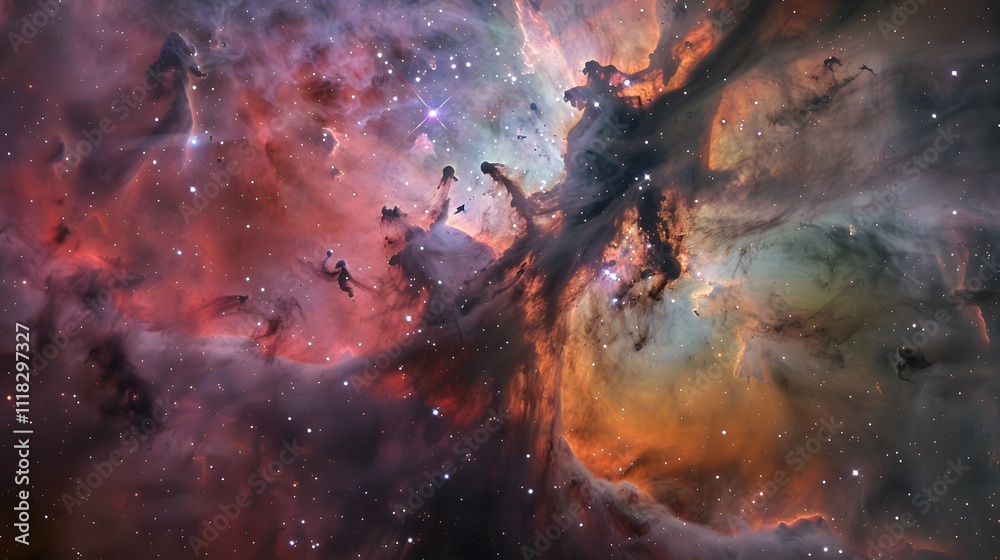 Wall mural vibrant cosmic nebula with multicolor gas clouds, swirling mix of reds, oranges, and greens in a vib