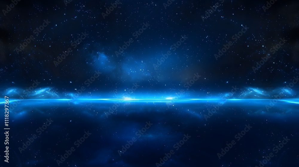 Wall mural blue cosmic horizon with glowing light line, futuristic depiction of a blue cosmic horizon with a gl