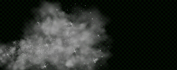 Vector illustration with vibrant, multicolored steam and vapor.Mystery dark background with glowing particles, stardust, and glittering stars, creating a colorful, ethereal fog.