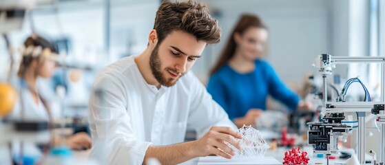 Focused student examining 3D printed model in lab.