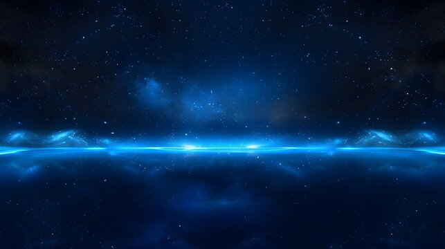 Blue Cosmic Horizon with Glowing Light Line, futuristic depiction of a blue cosmic horizon with a glowing light line stretching across a starry deep-space backdrop