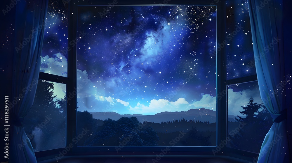 Wall mural starry night view through a window with glowing curtains and a forested horizon under a cosmic sky b