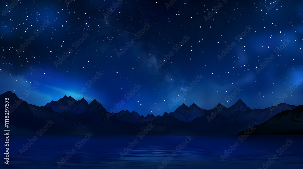Wall mural panoramic night sky with twinkling stars and a serene mountain range reflected in a calm lake backgr