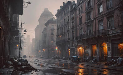 A city street with a few cars and a few buildings. The street is wet and the sky is cloudy