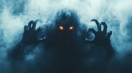 A menacing creature emerges from the mist, with glowing eyes and sharp claws, evoking a sense of fear and mystery. Void. Illustration