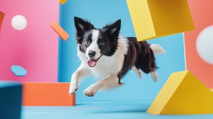 A Border Collie performing agility tricks, with annotations about its high energy and need for mental stimulation.
