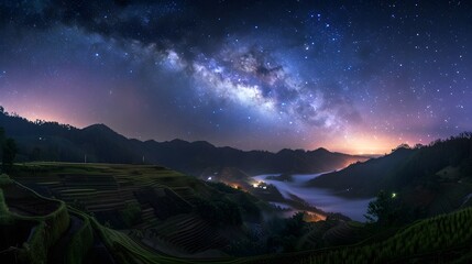 Milky Way galaxy arching above misty mountain valley with glowing lights and terraced fields under a twilight sky background