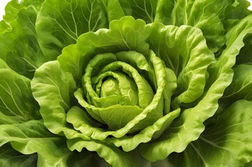 Fototapeta premium Close-up of a vibrant green lettuce head with large, curled leaves arranged in a fan-like pattern. Captured on a clean white background, highlighting its freshness and texture.