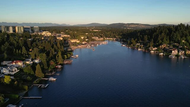 Aerial Drone view of Meydenbauer Bay and Bellevue skyline from lake Washington. 