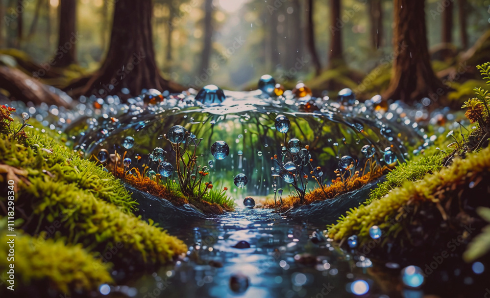 Poster A pond with a lot of bubbles floating on the surface. The bubbles are of different sizes and colors, creating a whimsical and playful atmosphere. The water is calm and serene