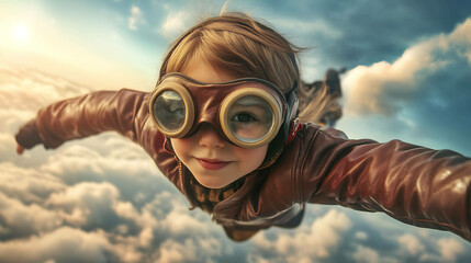 Fototapeta premium Child Wearing Pilot Goggles, Flying Among the Clouds with Adventure and Joy