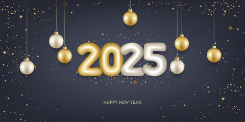 Happy new year 2025. Golden and silver 3D numbers with Christmas decoration and confetti on dark blue background. Holiday greeting card design.