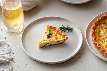 A minimalist brunch table with a single quiche slice on a white plate, accompanied by a small sprig of rosemary and a half-filled mimosa glass,