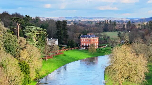 Aerial shot of a Mansion on the bank of the River Thames at Hurley