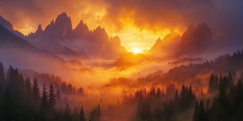 Obraz premium Majestic Sunrise over Mountain Peaks with Vibrant Orange and Yellow Sky Illuminating Serene Forest Landscape in the Dolomites