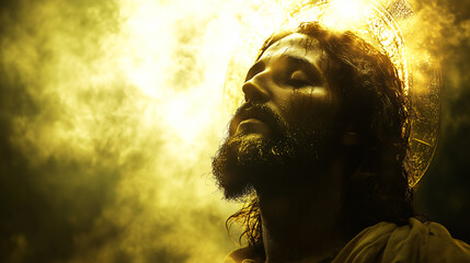 A dramatic illustration of Jesus Christ with a crown of thorns, bathed in golden light