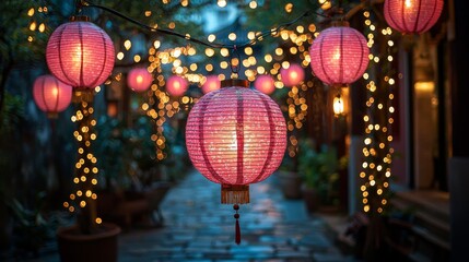 Fototapeta premium Vibrant pink lanterns illuminating a charming street at night