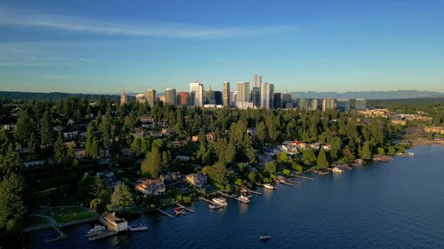 Aerial Drone View of Bellevue skyline on a clear summer day from lake Washington  