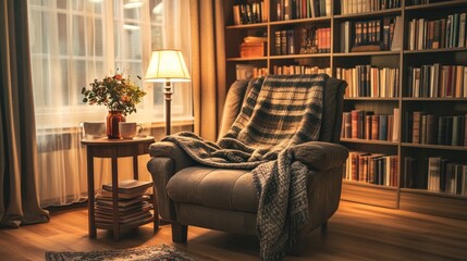 Cozy armchair with blanket near bookshelves in warm-lit room.