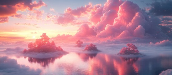Pink sunset over serene islands in a dreamy cloudscape.
