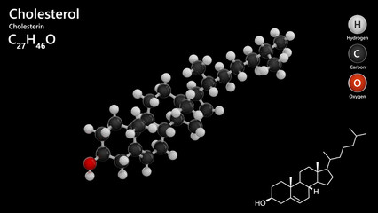 Molecule: Cholesterol or Cholesterin. Steroid. Molecular structure. Formula: C27H46O. Chemical model: Ball and stick. Black background. 3D illustration.