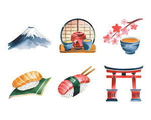Colorful watercolor illustration capturing iconic elements of Japanese culture including Mount Fuji, sushi, and cherry blossoms in a vibrant composition