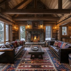 Cozy rustic living room with stone fireplace, leather sofas, and area rug.