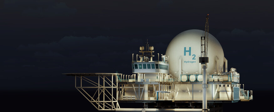 A nighttime view of the offshore *hydrogen production platform*. A unique combination of sky night lighting and platform lights. 3D illustration