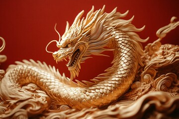 Fototapeta premium A majestic golden dragon sculpture against a vibrant red background, perfect for Chinese New Year celebrations, fantasy art projects, or luxury branding.