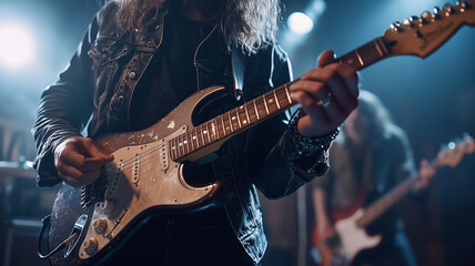 Obraz premium Passionate electric guitar player performing under vibrant stage lights